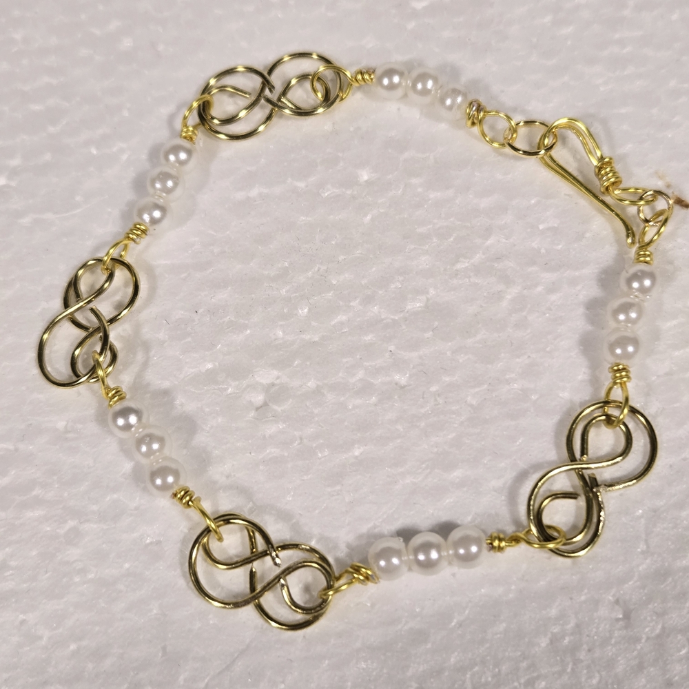 Hand Crafted Elegant Gold and White Faux Pearl Celtic Bracelet